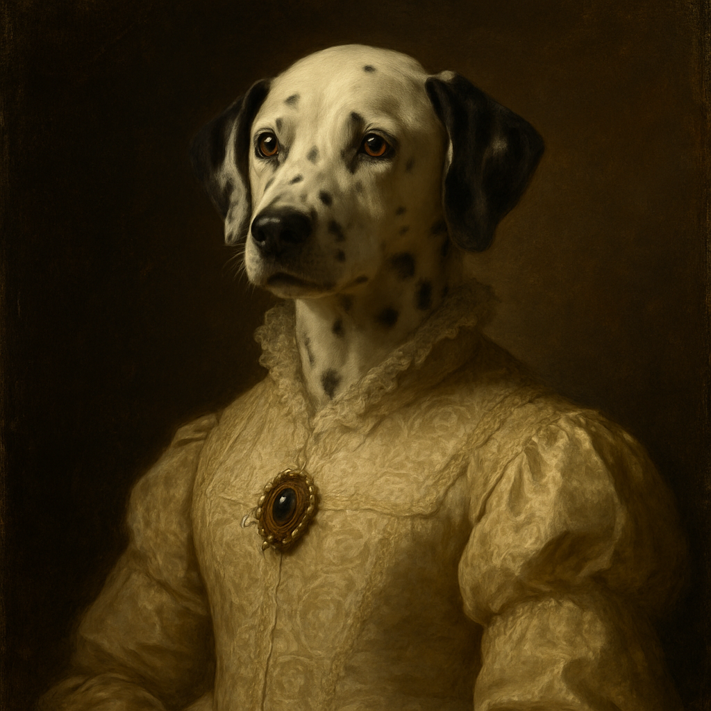 Oil painting of a Dalmatian as a refined noblewoman in lace