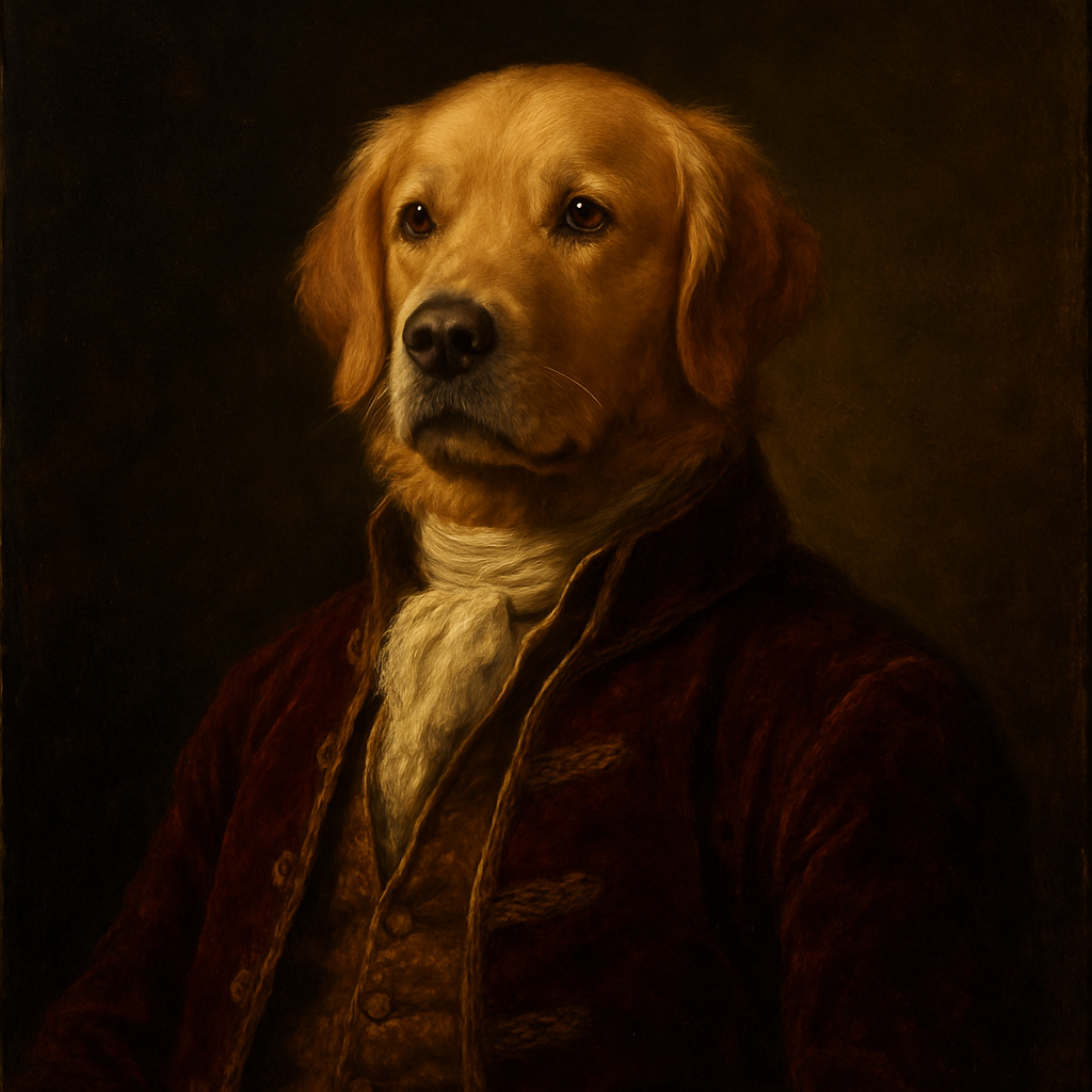 Oil painting of a golden retriever as an 18th century aristocrat