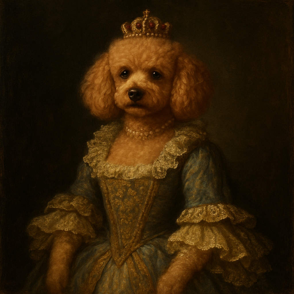 Oil painting of an apricot poodle in rococo French royal gown