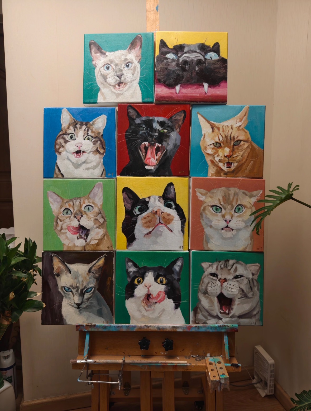 Artist painting a pet portrait on easel