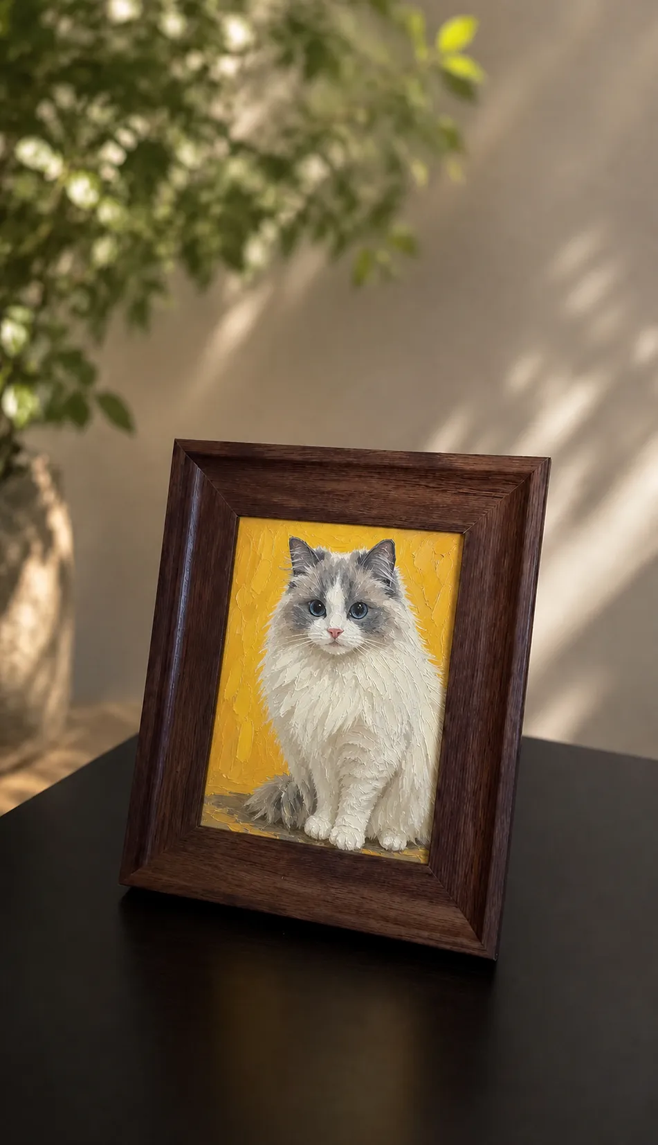 Inside the pet portrait studio with easels and finished works